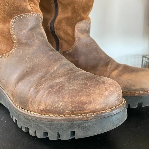 Womens Brown Leather and Wool Platform Boots - Picture 12 of 16